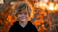 Young blonde boy with tousled hair smiling warmly at camera during golden hour sunset. Child portrait with soft natural lighting and autumn bokeh background.