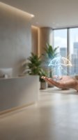 Hand holding glowing umbrella hologram in modern office interior with city skyline view, representing weather protection, insurance, security, and digital technology solutions for business.