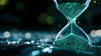 Glowing turquoise sand flows through hourglass against dark background with bokeh lights, symbolizing time management and digital transformation concept.