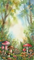 Enchanted forest scene with watercolor trees, ferns, and various mushrooms including pink and red toadstools in woodland setting for children's book illustrations and nature-themed designs.