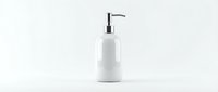 White ceramic soap dispenser with chrome pump on isolated background, ready for bathroom and kitchen design projects.
