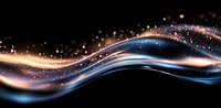 Dynamic flowing waves of light with glowing orange and blue energy streams against black background, sparkling particles creating magical abstract pattern.