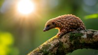 Pangolin walking on mossy tree branch at sunset with golden backlight creating magical forest atmosphere. Wildlife in natural habitat.