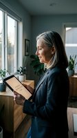 Mature Caucasian businesswoman reading digital tablet in modern home office with natural lighting and plants creating productive workspace atmosphere.