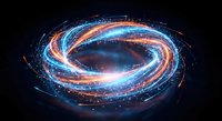 Swirling energy vortex with glowing blue and orange light trails creating dynamic spiral motion against dark background for futuristic technology concepts.