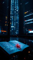 Open book with pink flower against night cityscape backdrop, illuminated by blue light with bokeh effects and glowing particles creating magical atmosphere.