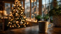 Cozy winter morning with steaming coffee mug on wooden table near decorated Christmas tree with warm golden lights creating festive holiday atmosphere indoors.