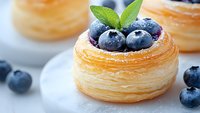 Fresh blueberries and mint leaf garnish on flaky puff pastry dessert shell, close up view of delicate layered French pastry on light background.