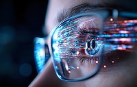 Close-up of person wearing glasses with digital data streams and code reflections on lenses representing technology, programming and cyber security concepts.