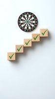 Wooden blocks with green checkmarks arranged in ascending staircase pattern next to dartboard on white background, symbolizing business growth, success milestones, and goal achievement for corporate projects.