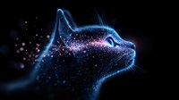 Mystical glowing cat profile with sparkling particles and blue neon effect against black background, fantasy feline art with ethereal luminescent details.