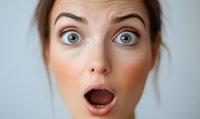 Young woman with surprised expression, wide open blue eyes and mouth, showing genuine amazement against light background. Close up portrait with natural makeup.