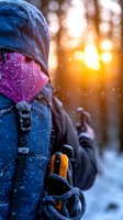 Close-up of winter hiker wearing blue jacket and pink scarf in snowy forest at golden sunset, frost covered equipment and falling snowflakes create magical atmosphere.