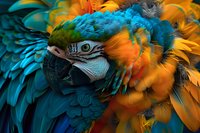 Close-up portrait of a blue and gold macaw showing vibrant feather details and eye expression. Perfect for nature magazines, exotic bird articles, and wildlife conservation projects.