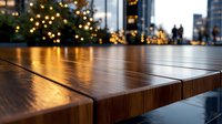 Wooden table surface with warm bokeh lights in blurred urban background, dramatic perspective view showing natural wood grain texture and evening ambiance.