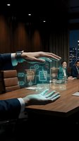 Business hands protecting digital data icons in modern boardroom with professionals discussing cybersecurity and information management solutions.