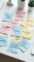 Colorful sticky notes with motivational phrases scattered on white desk with office supplies and succulent plant for productivity and organization.