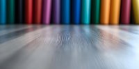 Blurred wooden table surface with colorful defocused background showing rainbow spectrum of vertical stripes, creating atmospheric depth and perspective view.