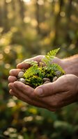 Cupped hands holding small green fern plants with moss and stones in natural forest setting with warm sunlight bokeh background for environmental concepts.