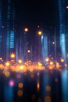 Futuristic cityscape with glowing skyscrapers illuminated at night, floating golden bokeh lights creating magical atmosphere against dark blue urban backdrop.