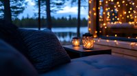 Cozy winter evening on cabin porch with glowing string lights, candle lanterns and knit pillows overlooking snowy lake landscape at dusk. Perfect for seasonal lifestyle content.