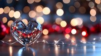Crystal glass heart on reflective surface with glowing string lights and red bokeh background creating romantic Valentine's Day or wedding atmosphere.