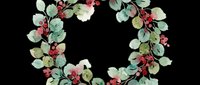 Watercolor floral wreath with red berries and green eucalyptus leaves on transparent background. Ready for t-shirt designs, clipart, stickers, sublimation, and print-on-demand projects.