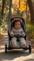 Smiling mixed-race baby in beige outfit sitting in modern stroller on autumn forest path with golden bokeh sunlight and fall foliage creating magical atmosphere.