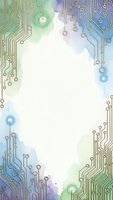 Watercolor circuit board frame with electronic pathways and connections on soft pastel background for technology designs and digital presentations.