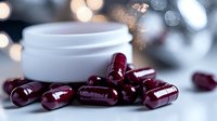 Burgundy capsule pills scattered around white container with blurred bokeh background, suitable for pharmaceutical, wellness, supplement and healthcare marketing materials.