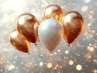 Elegant copper and white balloons floating against blurred bokeh background for celebration, party decoration, or festive event design.
