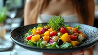 Fresh mango and cherry tomato salad garnished with microgreens and dill on black plate, colorful healthy food photography with soft natural lighting.