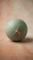 Cracked sage green sphere with gold kintsugi repair lines on neutral beige background, symbolizing resilience, healing, and transformation for design and wellness concepts.