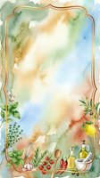 Watercolor cooking background with fresh herbs, vegetables, and olive oil in decorative frame, ideal for recipe cards, culinary designs, and food-related projects.