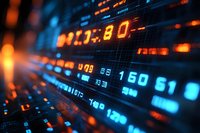 Digital display with glowing blue and orange numbers showing financial market data and stock trading information in dynamic perspective view.