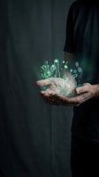 Man holding glowing green digital light bulb with network connections in cupped hands representing innovation and creative technology solutions.