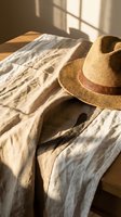 Woven straw hat with leather band resting on linen fabric in warm sunlight streaming through window creating natural shadows and cozy atmosphere.