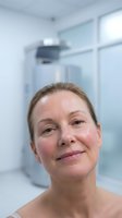 Middle-aged Caucasian woman patient smiling in modern medical clinic examination room with blurred equipment background for healthcare concepts.