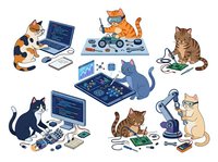 Cats working with computers, laptops, programming code, circuit boards, and tech gadgets. Isolated cartoon characters on white background, ready for design projects.