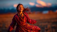 Young woman in red patterned dress with flowing hair laughing joyfully at sunset in open field, creating sense of freedom and happiness.