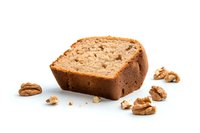 Slice of fresh walnut bread with scattered nuts on white background, isolated baked goods for food photography and packaging design projects.