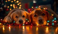 Two adorable golden retrievers lying on floor wrapped in colorful Christmas lights, creating warm holiday atmosphere with bokeh lights in background.