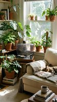 Cozy living room corner with lush houseplants, vintage record player, comfortable armchair and warm natural light streaming through window.