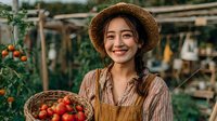 Young Asian woman farmer smiling while holding basket of fresh red tomatoes in organic greenhouse garden during harvest season for sustainable agriculture.