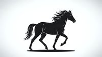 Black horse silhouette galloping with flowing mane isolated on white background for logos, equestrian designs, and western themed projects.