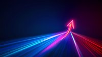 Glowing neon arrow rises upward with dynamic light trails in blue, pink and red colors against dark background, symbolizing growth and forward momentum.