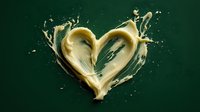 Golden liquid splash forming heart shape with dynamic motion against dark green background for romantic design projects.