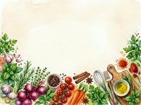 Cooking ingredients and fresh vegetables arranged on cream background with kitchen utensils, ideal for recipe blogs, cookbooks, and culinary content design.