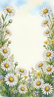 Watercolor daisy floral frame with wildflowers and copy space, soft pastel tones, spring meadow border for cards, invitations, and posters.