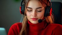 Young woman in red sweater wearing gaming headset with microphone smiles with eyes closed, relaxed expression while streaming or working from home.